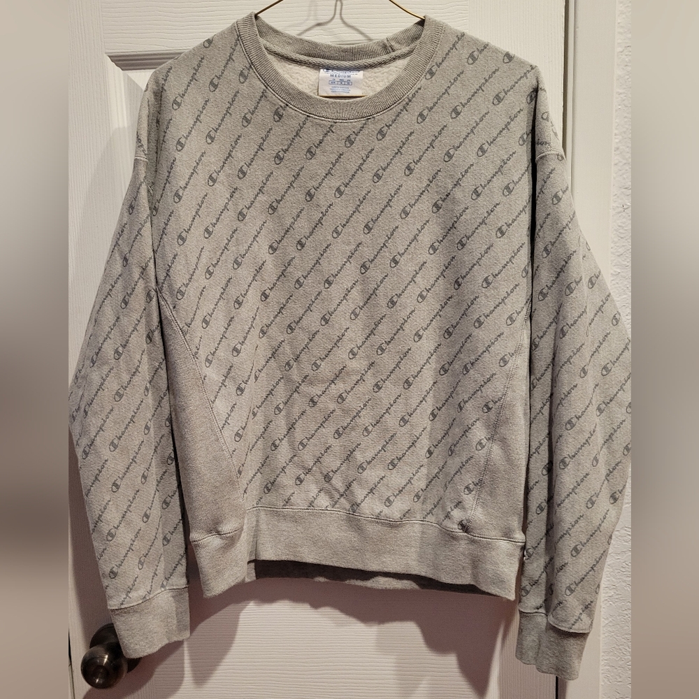 Champion Gray Allover Logo Crewneck Sweater